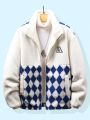 Men's Blue Rhombus Checked White Base Lamb Wool Coat