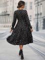 Gold Dot Print Flounce Sleeve Ruffle Hem Dress