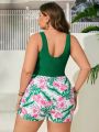 SHEIN Swim Vcay Tropical Plant Printed Plus Size One-piece Swimsuit