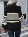 Color Block Drop Shoulder Half Zip Sweater
