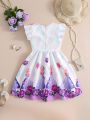 SHEIN Kids QTFun Young Girls' Flower Printed Princess Dress, Summer Performance Wear
