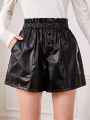 SHEIN Teenage Girls' Woven Solid Color Pu Shorts With Layered Hem And Decorative Pockets