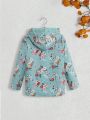 Young Girl Floral Print Fuzzy Lined Hooded Coat