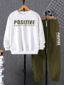 SHEIN Teen Boys' Casual Basic English Print Round Neck Sweatshirt And Long Pants Set