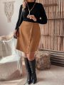 SHEIN LUNE Plus Size Button Decoration Asymmetrical Hem Skirt