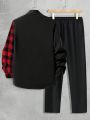 Men's Simple Red And Black Plaid Shirt & Pants Set