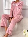 Contrast Lace Ruffle Trim Flounce Sleeve Bow Front Flannelette PJ Set