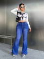 SHEIN ICON Y2k Blue Plus Size Women'S Casual High Waisted Skinny Denim Flare Pants