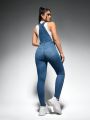 1pc Slim Fit Denim Suspender Jumpsuit With Diagonal Pocket