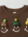 SHEIN Boys' Cute And Fun Face Pattern Knit Hat Decorative Round Neck Sweatshirt