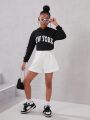 SHEIN Kids Cooltwn Girls' Street Trendy Sports Knitted Solid Color Loose Shorts