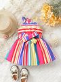 Colorful Striped Halter Neck Baby Girl Dress With Waist Belt, Bowknot Detail