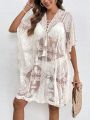 SHEIN Swim Chicsea Women'S Tie Front Fringe Embroidered Mesh Cover Up