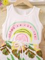 2pcs/Set Toddler Girls' Casual And Cute Sleeveless Top With Printed Shorts For Vacation