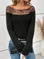 SHEIN LUNE Women's Black Knitted Sweater With Lace Splicing