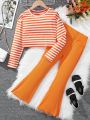 Girls' Striped Long Sleeve T-shirt And Solid Color Flared Pants Set