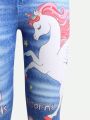 SHEIN Kids KDOMO Girls' Unicorn & Letter Print Slim Fit Long Jeans With Denim Look