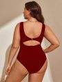 SHEIN Swim Basics Plus Size Women's Solid Color V-Neck Ruched One Piece Swimsuit New Year