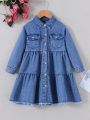 Young Girl Flap Pocket Raw Hem Denim Dress