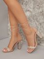 Square Open Toe Strappy Lace Up Diamante Heels