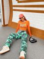 SHEIN Coolane Letter T-shirt & Camouflage Pants Two-piece Set For Women