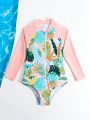 Young Girl Tropical Print Zip Front One Piece Swimsuit With Raglan Long Sleeves