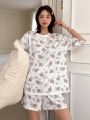 DAZY Cute Pajamas Set With Cartoon Pattern All Over