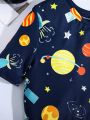 SHEIN Teen Boys' Casual Space Digital Printed Short Sleeve Shirt And Short Tight-Fitting Homewear