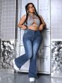 SHEIN ICON Plus Size High Waisted Flared Jeans Washed Casual Denim Pants