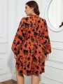 SHEIN LUNE Plus Size Flower Pattern Lantern Sleeve Dress