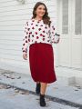 SHEIN LUNE Women'S Plus Size Heart Printed Drop Shoulder T-Shirt And Skirt Set