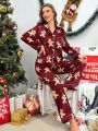 Christmas Gingerbread Man Print Contrast Piping Satin PJ Set