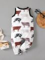 Infant Boys' Cow Print Color-Block Patch Pocket Round Neck Sleeveless Jumpsuit