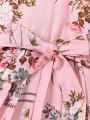 SHEIN Kids SUNSHNE New Style Little Girls' V-Neck Printed Cami Pleated Midi Dress With Shoulder Strap