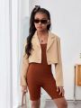 SHEIN Kids Cooltwn Tween Girls' Casual Street Woven Solid Color Long Sleeve Jacket With Suspender Jumpsuit