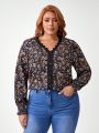 Amafemora Women's Plus Size Floral Print Lace Patchwork Top