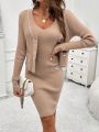 SHEIN LUNE Women's Knitted Long Sleeve Cardigan And Sleeveless Sweater Dress Set