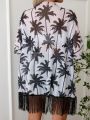 SHEIN Swim Vcay Women's Kimono Jacket Blouse With Palm Tree Print