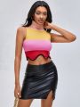 ISELACOS Color Block Scallop Trim Turtle Neck Crop Knit Top