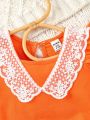 Infant Girls' Orange Lace Spliced Elegant Romantic Cute Daily Casual Jumpsuit, Spring/Summer