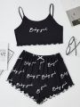 Letter Graphic Crop Cami Top & Bow Front Shorts PJ Set