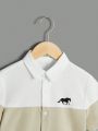 SHEIN Tween Boys' Casual Comfortable Color Blocking Horse Pattern Button-Front Shirt