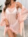 Fuzzy Trim Belted Robe & Cami Dress PJ Set