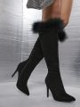 Fuzzy Trim Stiletto Heeled Boots