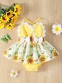 Infant Girls' Butterfly & Flower Printed Patchwork Romper Dress For Summer