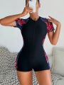 SHEIN Swim SPRTY Women'S Short Sleeve Leaf Print One-Piece Swimsuit