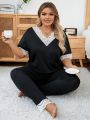 Plus Size Women's Casual Lace Trim Pajama Set