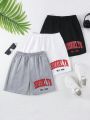 SHEIN Kids EVRYDAY 3pcs/Set Boys' Elastic Waist Casual Sports Shorts With Letter Print Cuffs, Spring And Summer