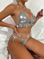 SHEIN Swim Y2GLAM Shiny Layered Triangle Cup Halter Neck Separated Swimsuit