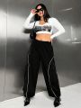 SHEIN ICON Plus Size Color-blocking Elastic Waist Reflective Hem Wide Leg Pants